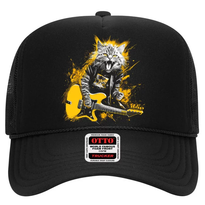 Cat Playing Guitar Kitten Plays Guitarist Rockstar High Crown Mesh Trucker Hat