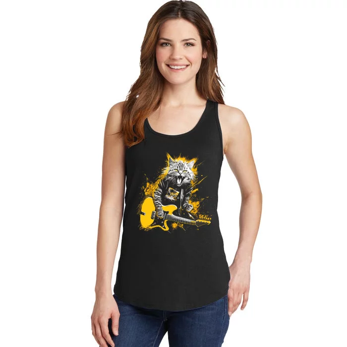 Cat Playing Guitar Kitten Plays Guitarist Rockstar Ladies Essential Tank