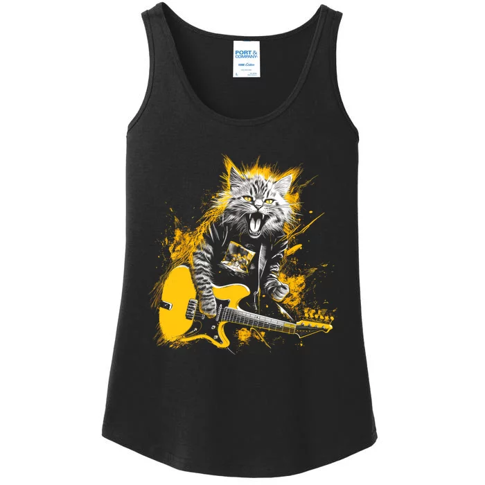 Cat Playing Guitar Kitten Plays Guitarist Rockstar Ladies Essential Tank