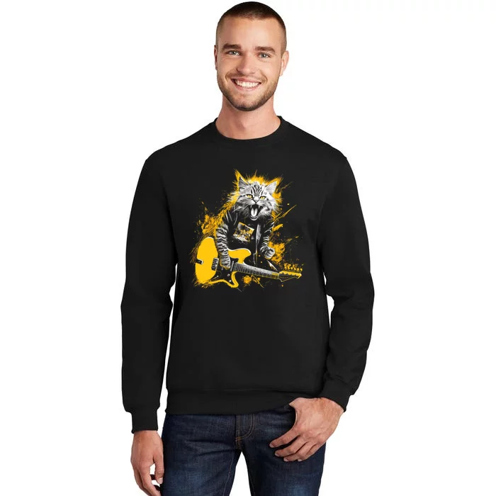 Cat Playing Guitar Kitten Plays Guitarist Rockstar Tall Sweatshirt