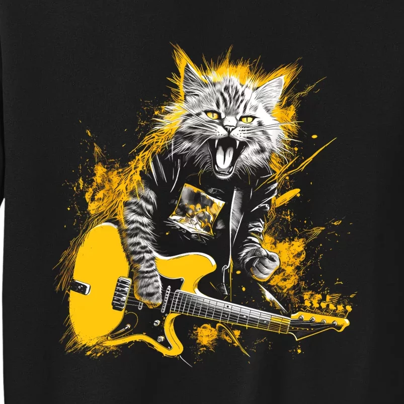 Cat Playing Guitar Kitten Plays Guitarist Rockstar Tall Sweatshirt