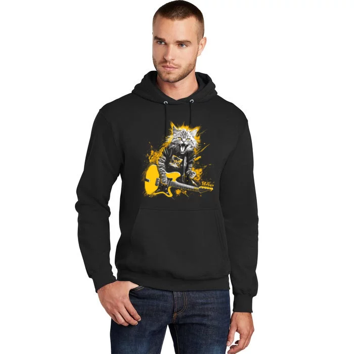 Cat Playing Guitar Kitten Plays Guitarist Rockstar Tall Hoodie