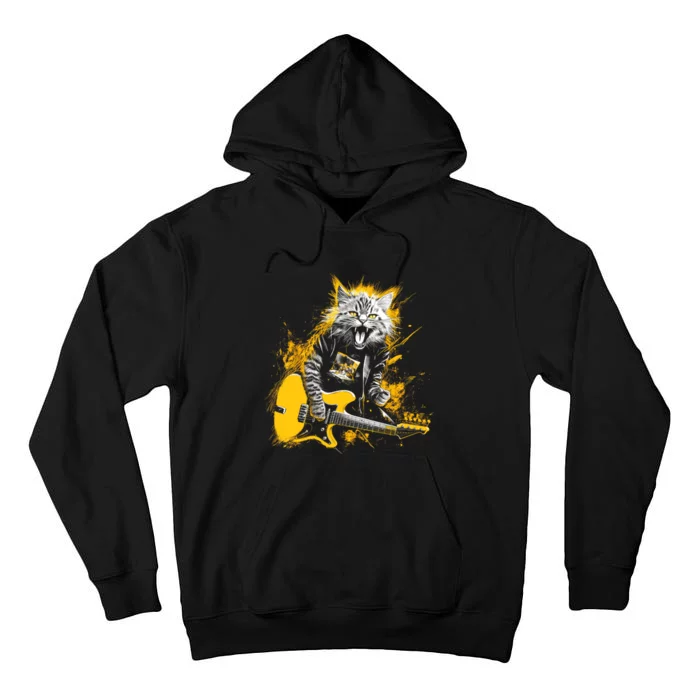 Cat Playing Guitar Kitten Plays Guitarist Rockstar Tall Hoodie