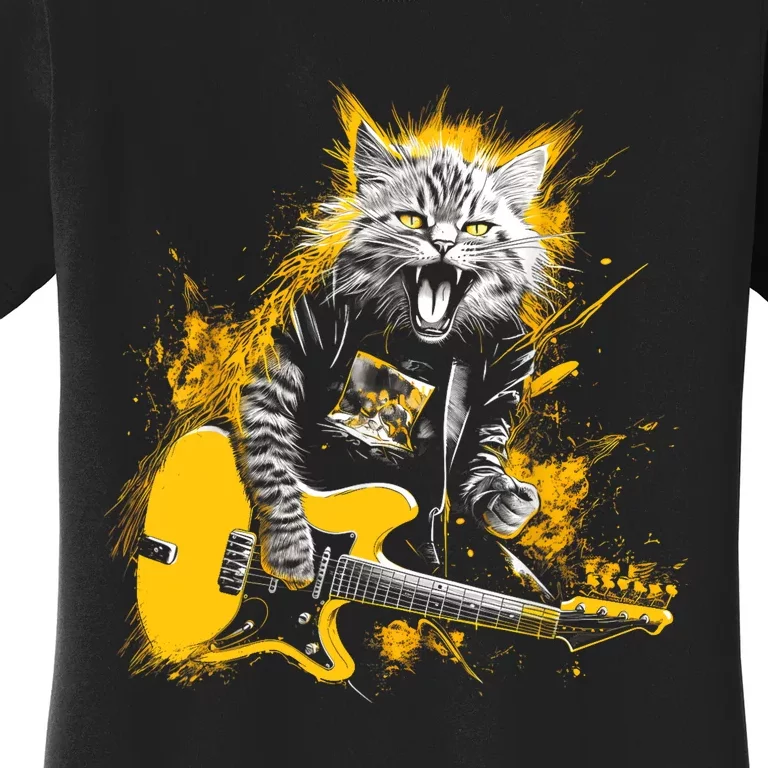 Cat Playing Guitar Kitten Plays Guitarist Rockstar Women's T-Shirt