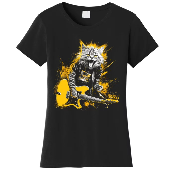 Cat Playing Guitar Kitten Plays Guitarist Rockstar Women's T-Shirt