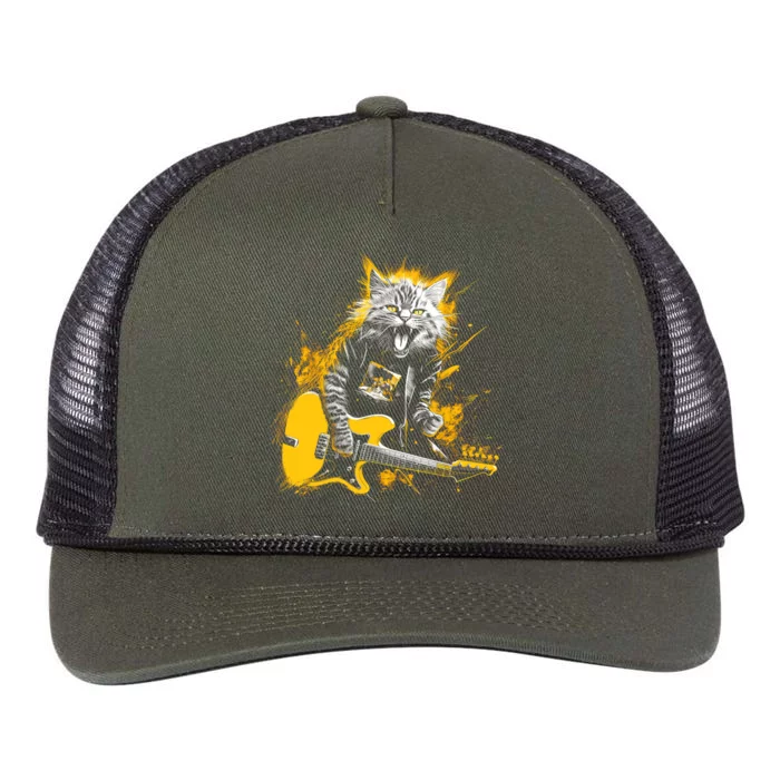 Cat Playing Guitar Kitten Plays Guitarist Rockstar Retro Rope Trucker Hat Cap