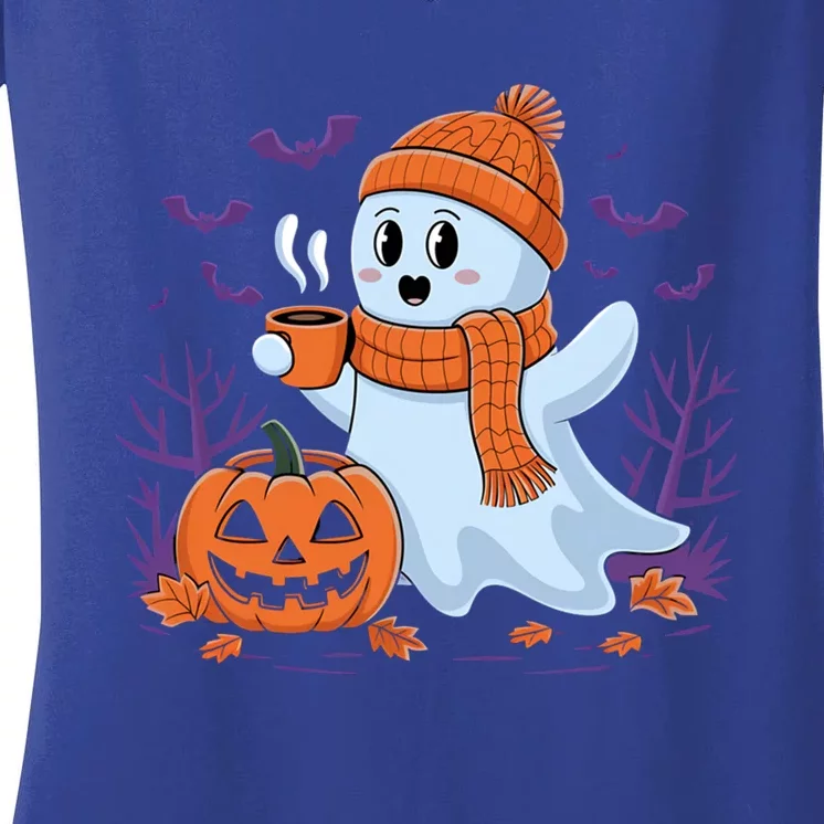 Cute Pumpkin Ghost Ing Coffee Halloween Ghost Fall Fans Gift Women's V-Neck T-Shirt