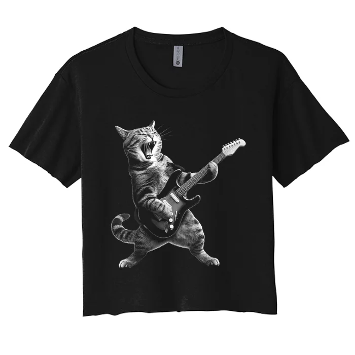 Cat Playing Guitar Rock And Roll Rock Star Women's Crop Top Tee