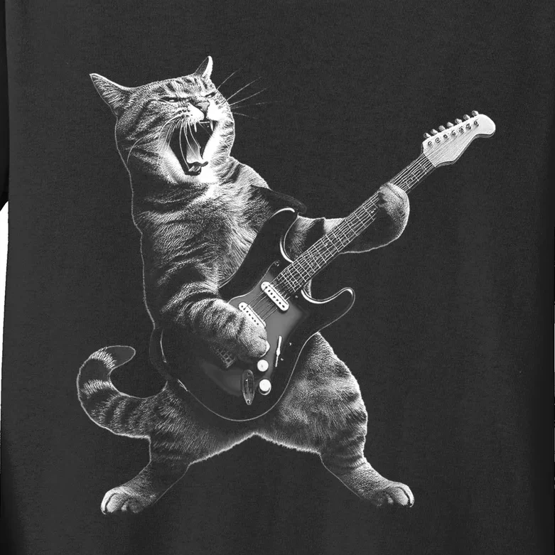 Cat Playing Guitar Rock And Roll Rock Star Kids Long Sleeve Shirt