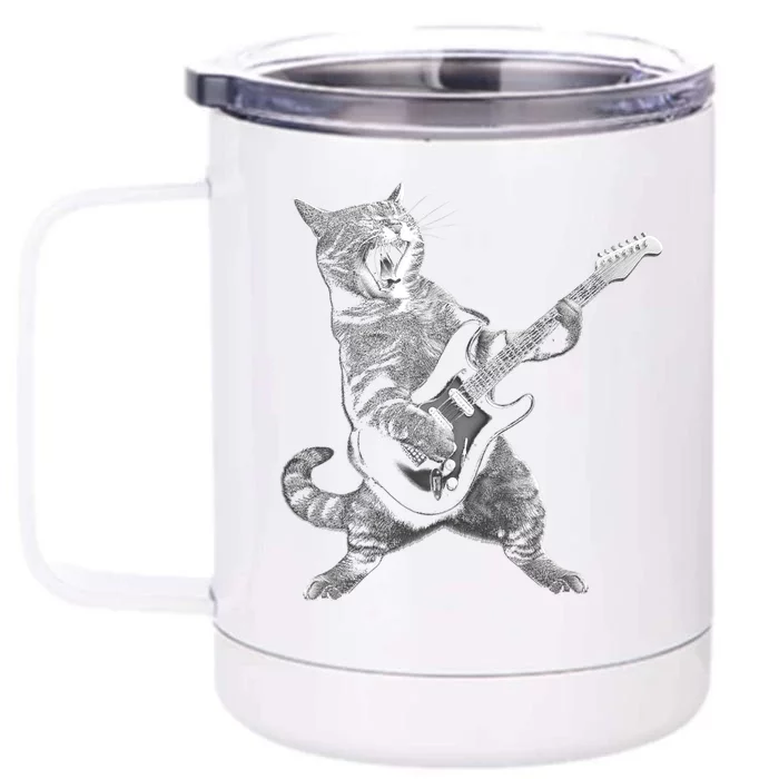 Cat Playing Guitar Rock And Roll Rock Star Front & Back 12oz Stainless Steel Tumbler Cup