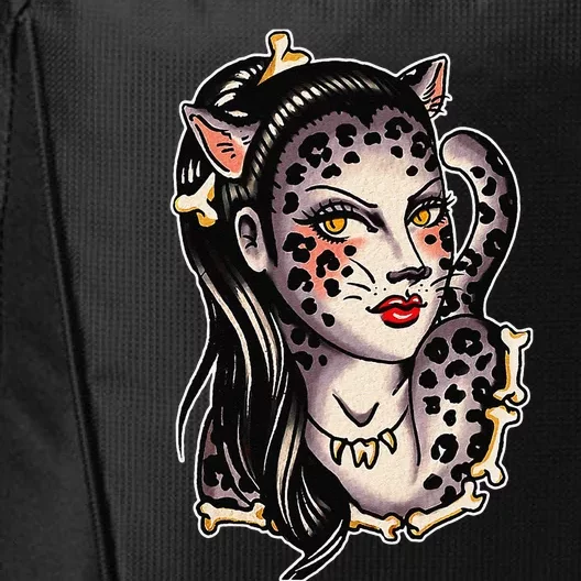 Cheetah Pretty Girl X Bones Traditional Tattoo Flash City Backpack