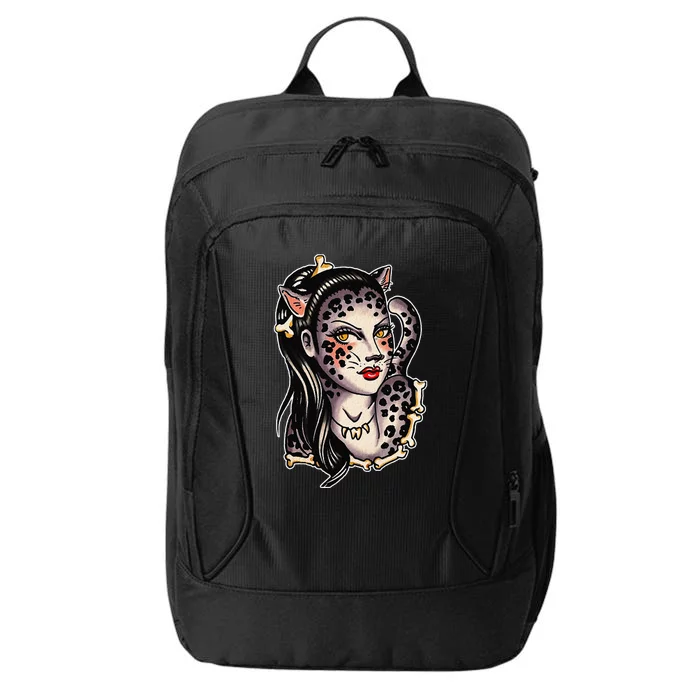 Cheetah Pretty Girl X Bones Traditional Tattoo Flash City Backpack