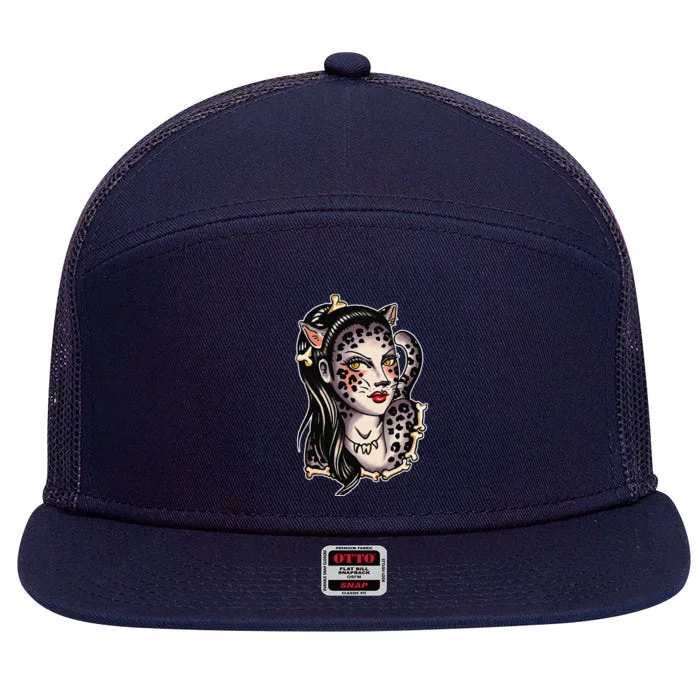 Cheetah Pretty Girl X Bones Traditional Tattoo Flash 7 Panel Mesh Trucker Snapback Hat