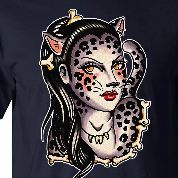 Cheetah Pretty Girl X Bones Traditional Tattoo Flash Tall T-Shirt