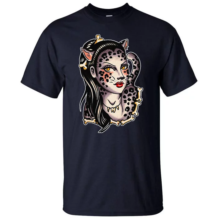 Cheetah Pretty Girl X Bones Traditional Tattoo Flash Tall T-Shirt