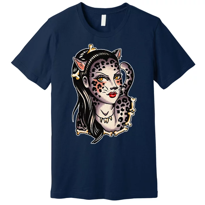 Cheetah Pretty Girl X Bones Traditional Tattoo Flash Premium T-Shirt