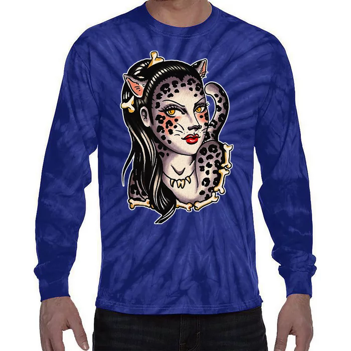 Cheetah Pretty Girl X Bones Traditional Tattoo Flash Tie-Dye Long Sleeve Shirt