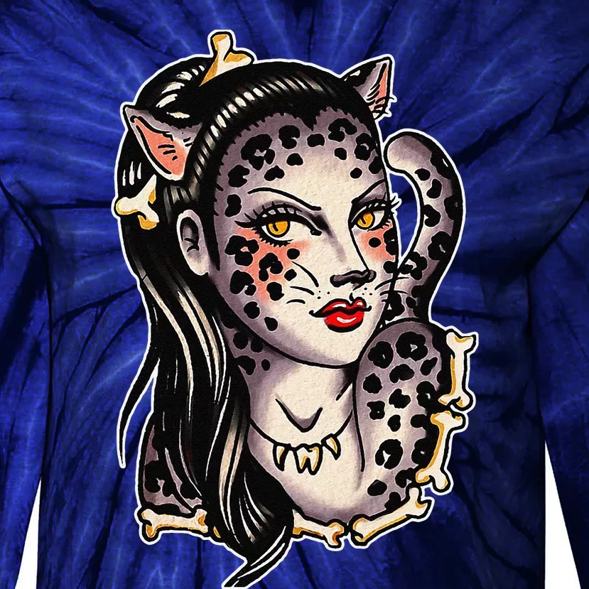 Cheetah Pretty Girl X Bones Traditional Tattoo Flash Tie-Dye Long Sleeve Shirt