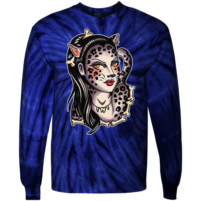 Cheetah Pretty Girl X Bones Traditional Tattoo Flash Tie-Dye Long Sleeve Shirt