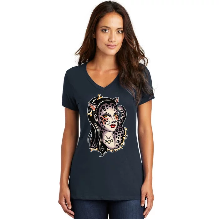 Cheetah Pretty Girl X Bones Traditional Tattoo Flash Women's V-Neck T-Shirt