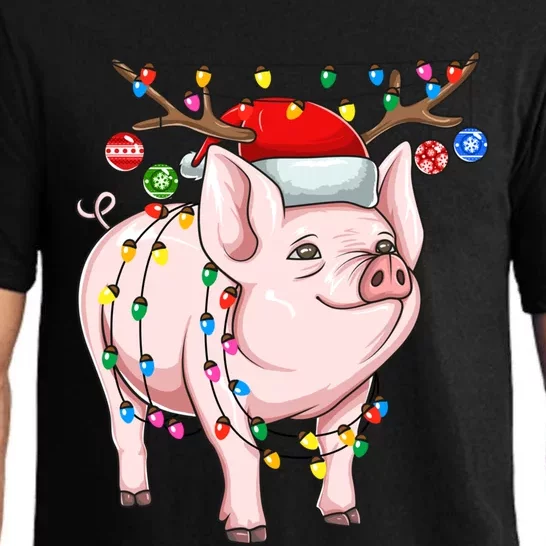 Christmas Pig Holiday Lights With Antlers And Ornats Gift Pajama Set