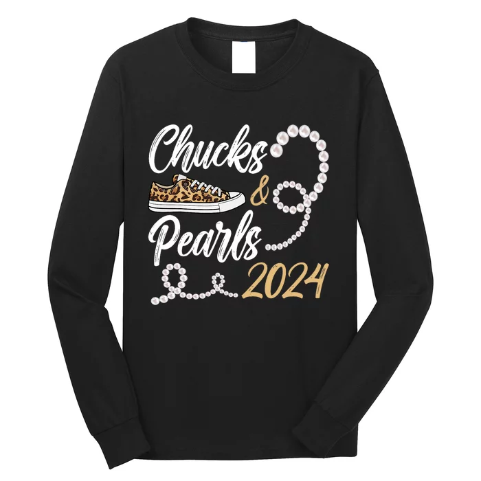 Chucks & Pearls Harris 2024 Leopard Shoes Kamala Harris Long Sleeve Shirt