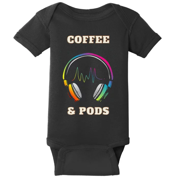 Coffee & Pods headphones and sound wave Baby Bodysuit