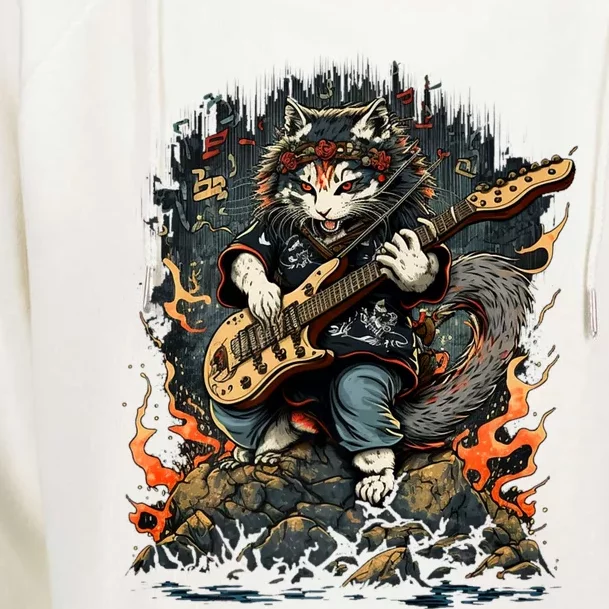 Cat Playing Heavy Guitar Musician Cat Lover Womens Funnel Neck Pullover Hood