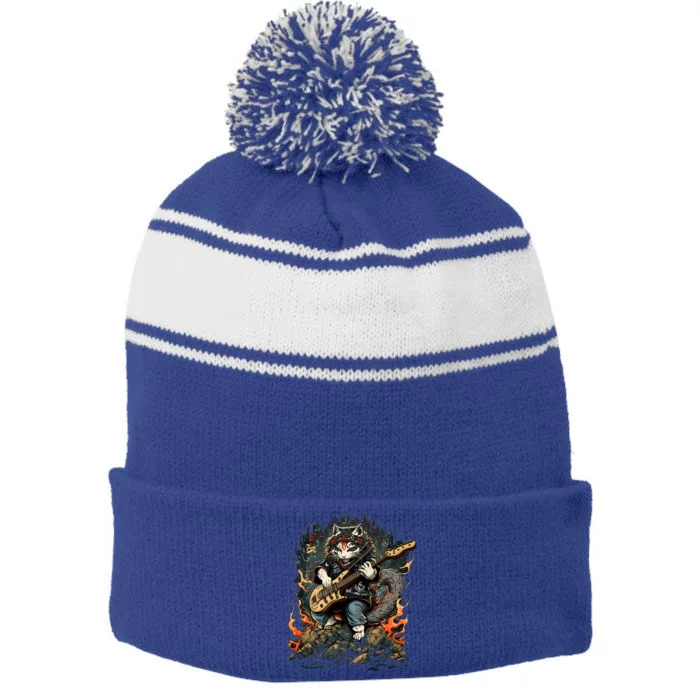 Cat Playing Heavy Guitar Musician Cat Lover Stripe Pom Pom Beanie