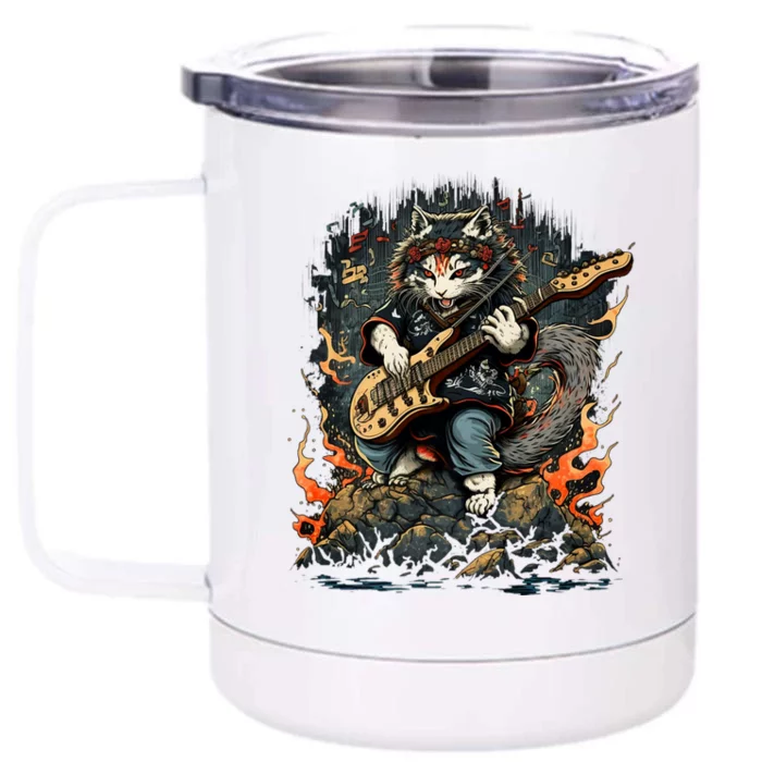 Cat Playing Heavy Guitar Musician Cat Lover Front & Back 12oz Stainless Steel Tumbler Cup