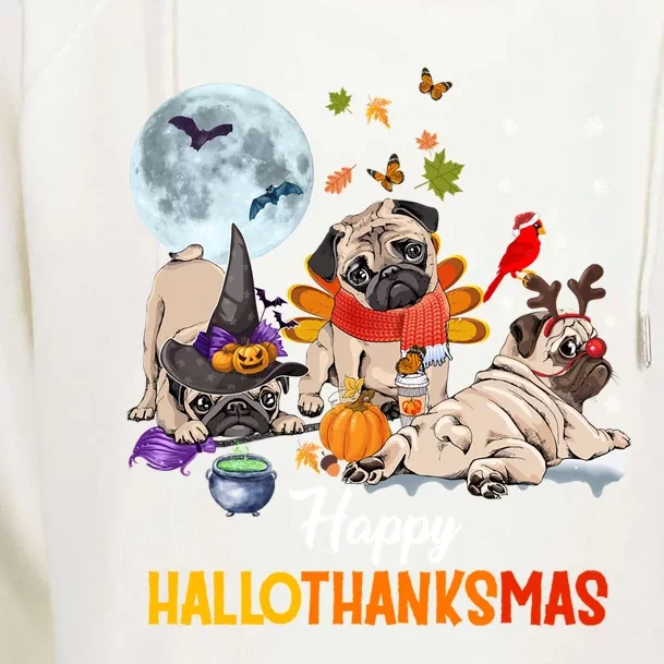 Cute Pug Happy Hallothanksmas Halloween Thanksgiving Xmas Gift Womens Funnel Neck Pullover Hood