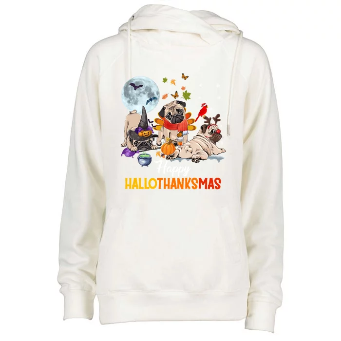 Cute Pug Happy Hallothanksmas Halloween Thanksgiving Xmas Gift Womens Funnel Neck Pullover Hood