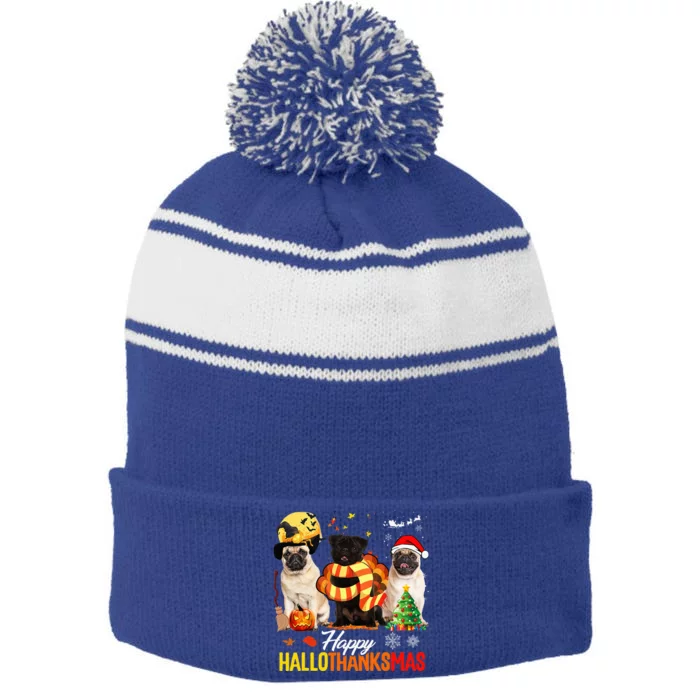 Cute Pug Happy Hallothanksmas Halloween Thanksgiving Xmas Stripe Pom Pom Beanie