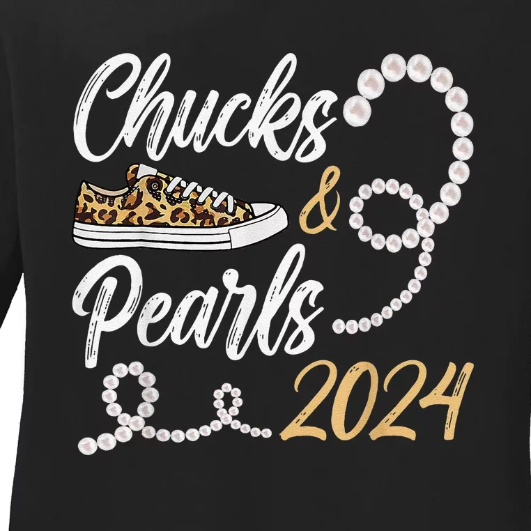 Chucks & Pearls Harris 2024 Leopard Shoes Kamala Harris Ladies Long Sleeve Shirt