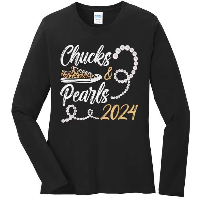 Chucks & Pearls Harris 2024 Leopard Shoes Kamala Harris Ladies Long Sleeve Shirt