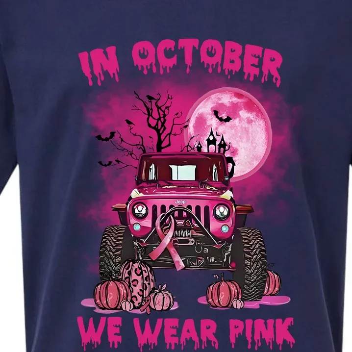 Car Pumpkin In October We Wear Pink Breast Cancer Halloween Costume Sueded Cloud Jersey T-Shirt