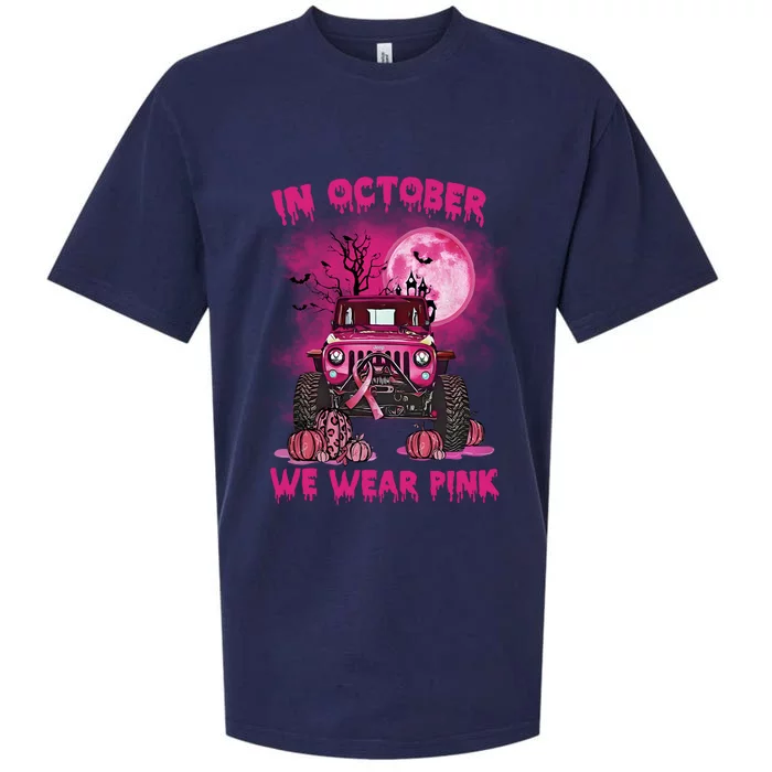 Car Pumpkin In October We Wear Pink Breast Cancer Halloween Costume Sueded Cloud Jersey T-Shirt