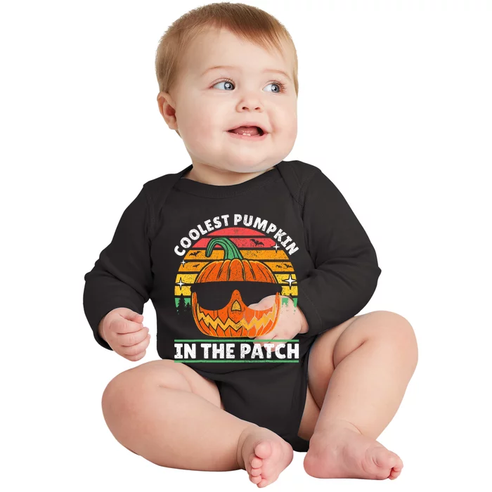 Coolest Pumpkin In The Patch Boy Retro Groovy Halloween Baby Long Sleeve Bodysuit