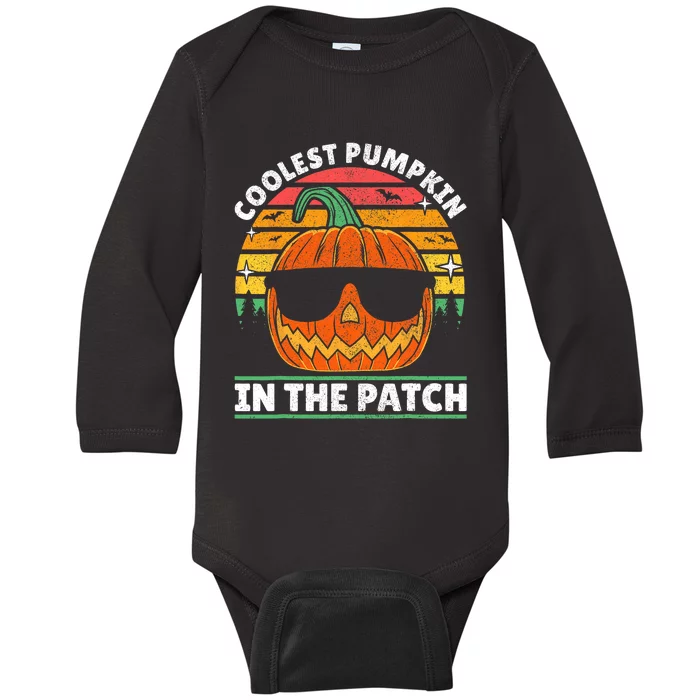 Coolest Pumpkin In The Patch Boy Retro Groovy Halloween Baby Long Sleeve Bodysuit