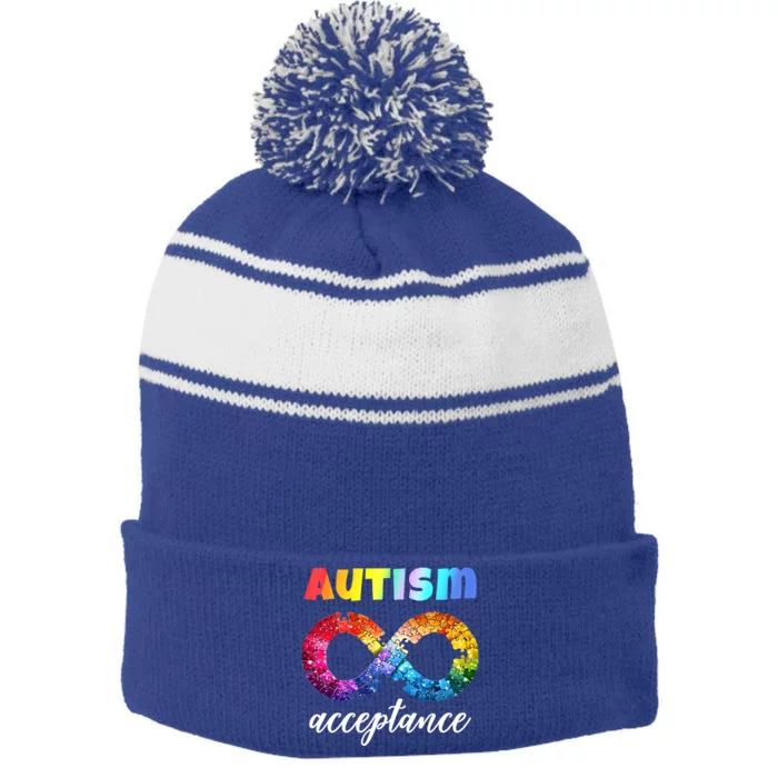 Colorful Puzzle Infinity Acceptance Autism Funny Gift Stripe Pom Pom Beanie