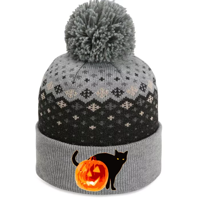 Creepy Pumpkin Jack O Lantern Black Cat Halloween The Baniff Cuffed Pom Beanie