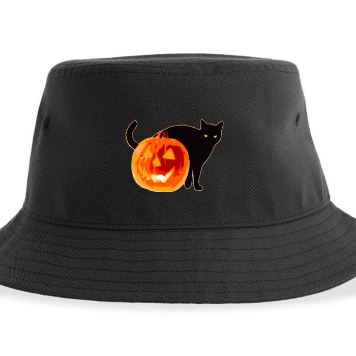 Creepy Pumpkin Jack O Lantern Black Cat Halloween Sustainable Bucket Hat