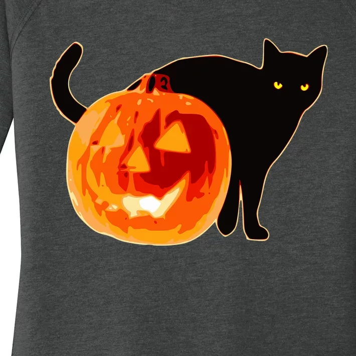 Creepy Pumpkin Jack O Lantern Black Cat Halloween Women's Perfect Tri Tunic Long Sleeve Shirt