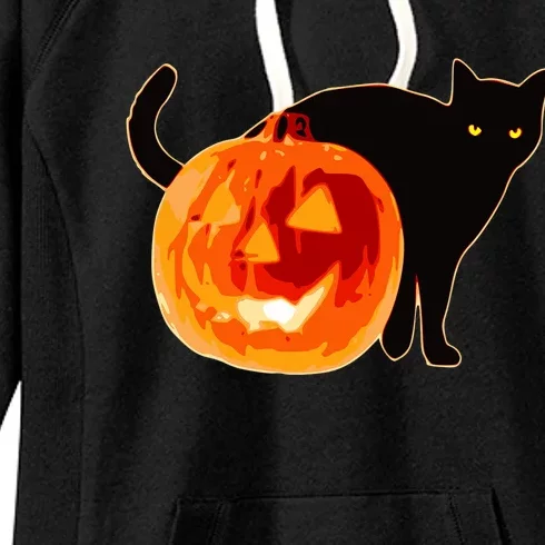 Creepy Pumpkin Jack O Lantern Black Cat Halloween Women's Fleece Hoodie