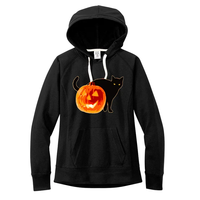 Creepy Pumpkin Jack O Lantern Black Cat Halloween Women's Fleece Hoodie