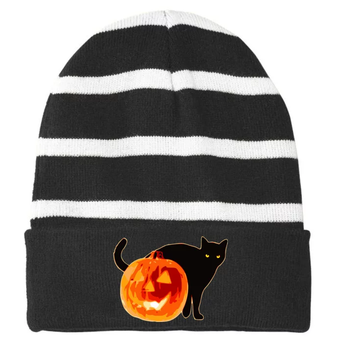 Creepy Pumpkin Jack O Lantern Black Cat Halloween Striped Beanie with Solid Band