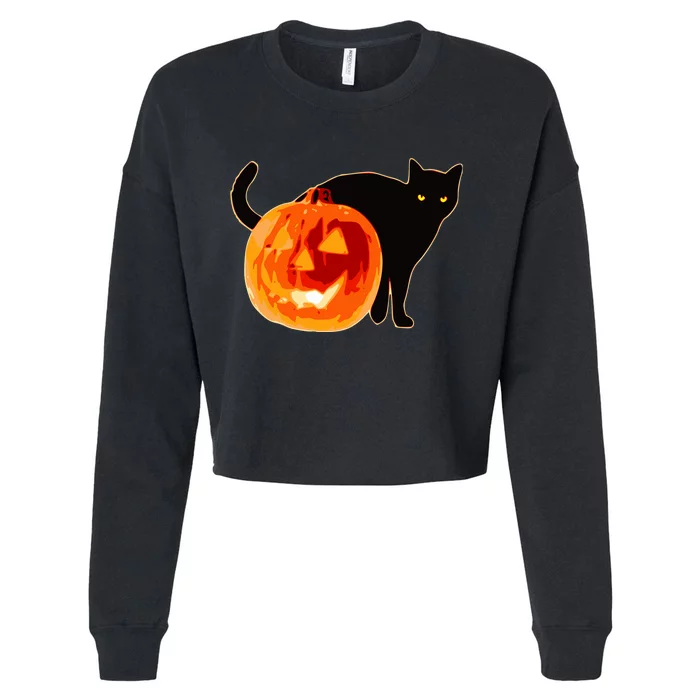 Creepy Pumpkin Jack O Lantern Black Cat Halloween Cropped Pullover Crew