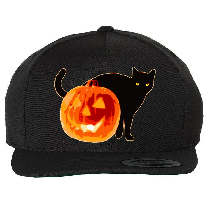 Creepy Pumpkin Jack O Lantern Black Cat Halloween Wool Snapback Cap