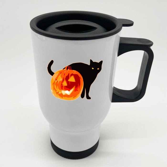 Creepy Pumpkin Jack O Lantern Black Cat Halloween Front & Back Stainless Steel Travel Mug