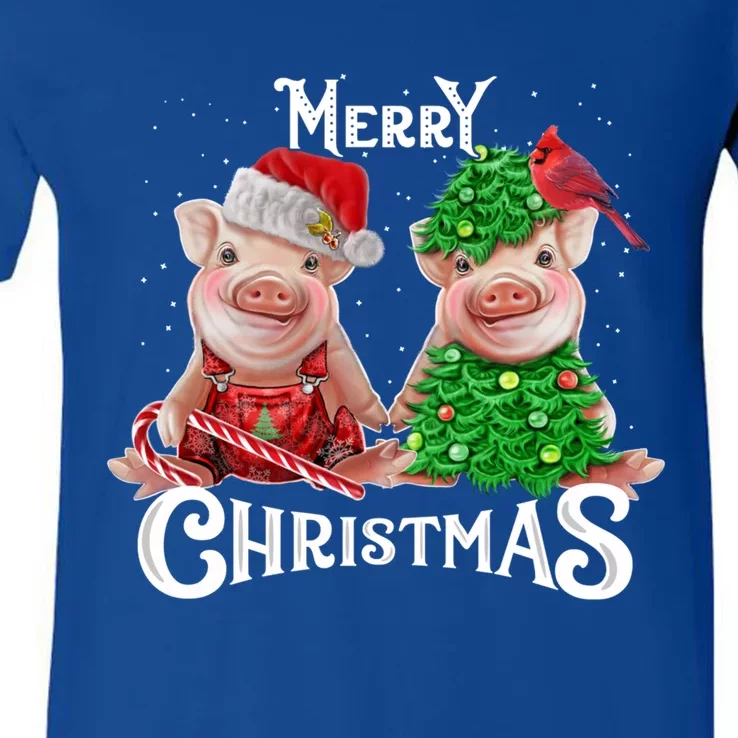 Christmas Pig Lights Santa Hat Pig Lover Gift V-Neck T-Shirt